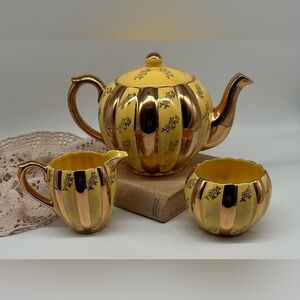 Vintage Gibson T22 Teapot Set, Yellow & Gold Lustre, Creamer /Sugar Bowl